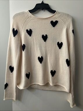 Lisa Todd Cream Crewneck Sweater with Black Heart Motifs